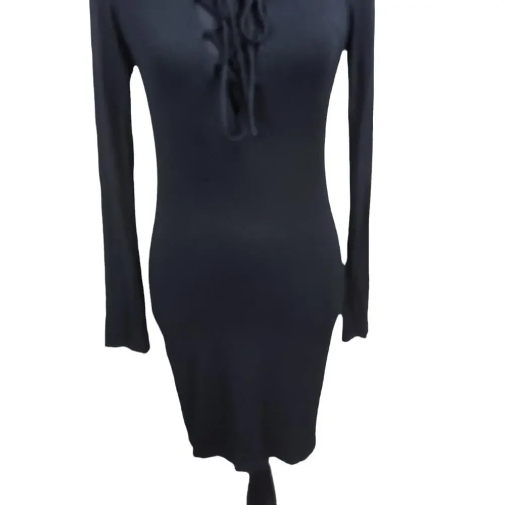 Lulu's Dress Size Large Lace Up Front Bodycon Long Sleeve Black Mini Dress - Picture 6 of 8